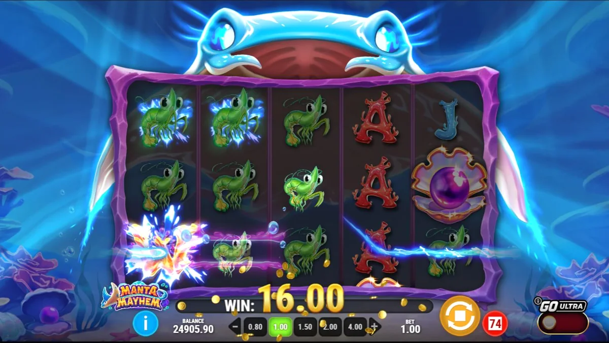 Tampilan antarmuka seluler slot Manta Mayhem dengan latar belakang terumbu karang yang cerah