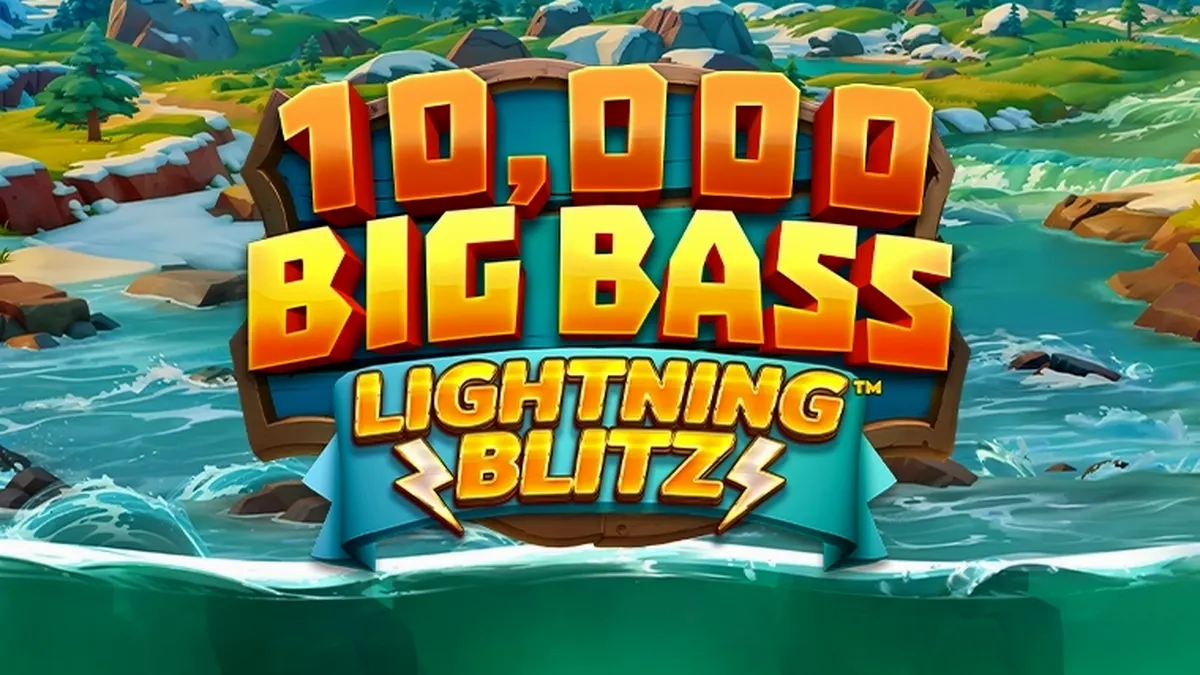 Tampilan layar permainan slot 10,000 Big Bass Lightning Blitz dengan tema memancing yang cerah.