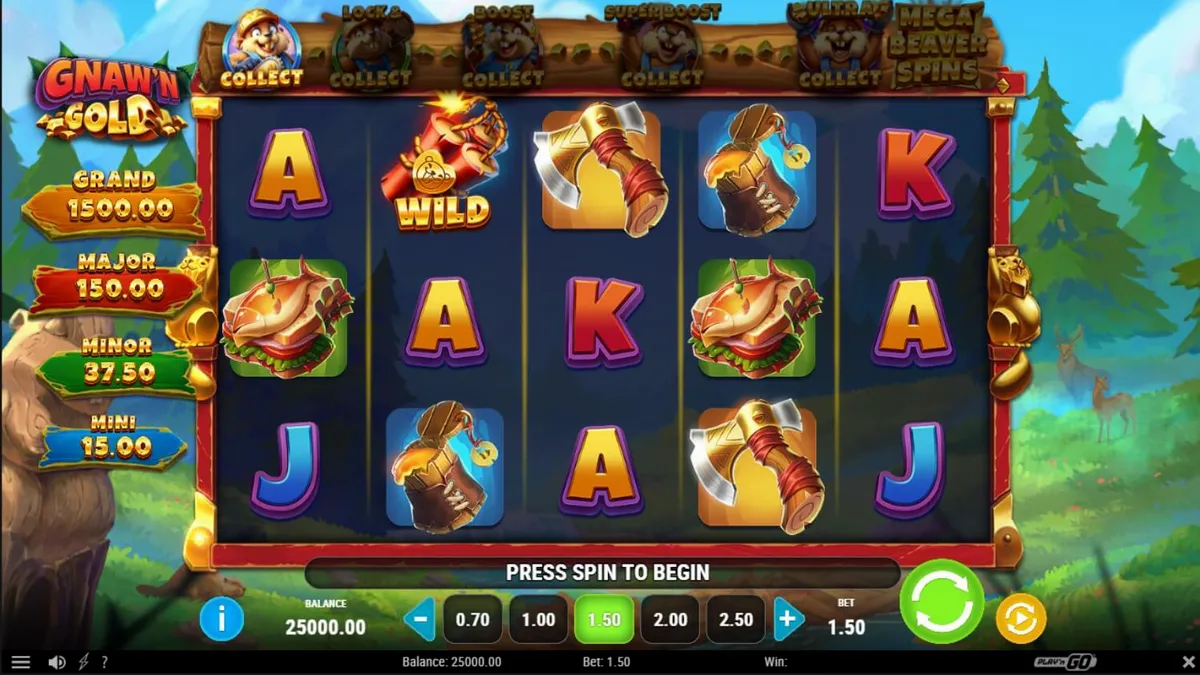 Tampilan visual slot Gnaw’n Gold dengan tema hutan dan berang-berang